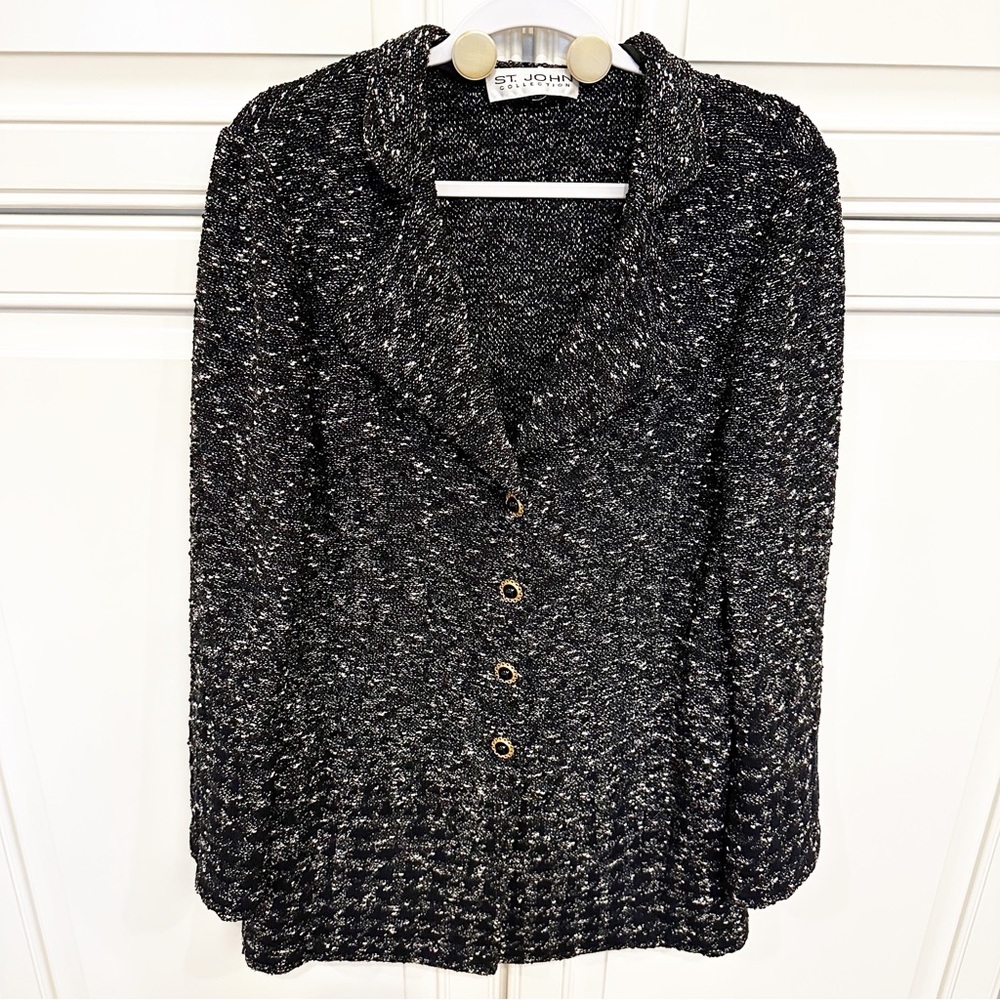 St. John Collection Textured Tweed Printed Evening Over Coat Jacket Black White